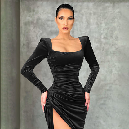 LOVECCR  2022  European and American Women's Clothing Winter Temperament Sexy Square-Neck Fold High Waist Tuxedo Dress