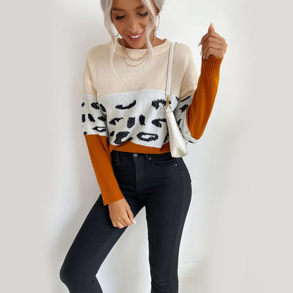 LOVECCR New Popular trade popular autumn new 2025 women's clothing long-sleeved leopard print contrasting knitted sweater color matching