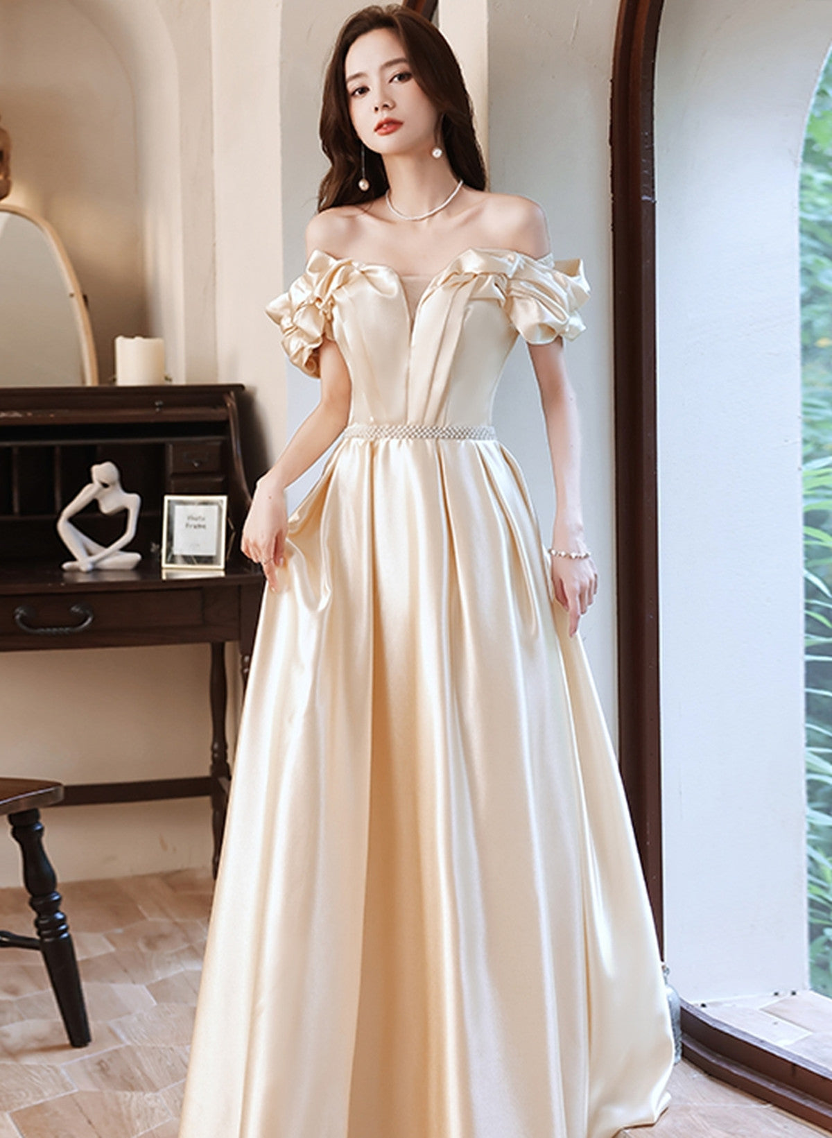 LOVECCRChampagne Satin Long Off Shoulder Prom Dress, A-line Beaded Evening Dress