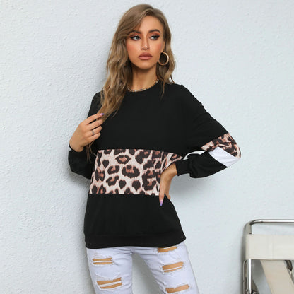 LOVECCR  Popular trade women's clothing popular autumn 2025 contrasting color pullover top round neck fashion street leopard print splicing sweater