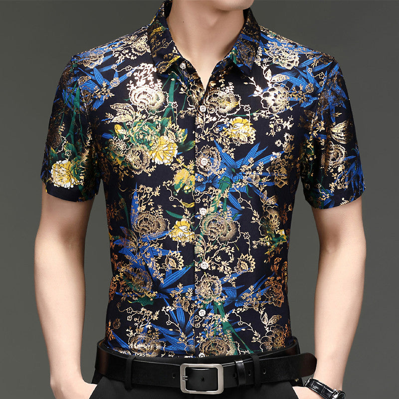 Middle-Aged Men's Summer Short Sleeve Printed Shirt Loose Non-Ironing Casual Half Sleeve Ice Silk Shirt Bronzing Thin Top Fashion