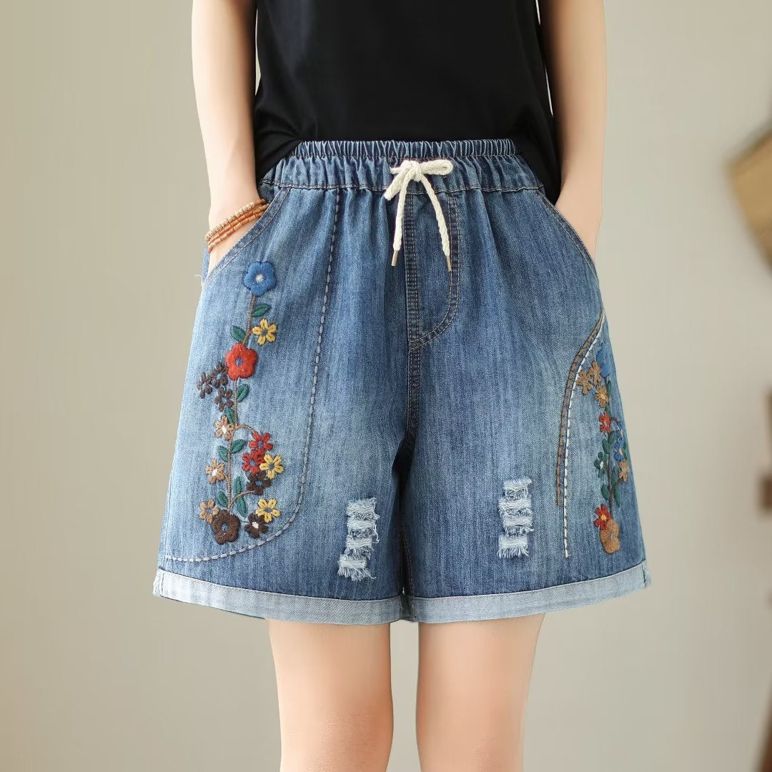 Japanese Style Denim Shorts Women's Summer Thin Loose Slimming Retro Casual Embroidered Shorts Wide Leg Pants