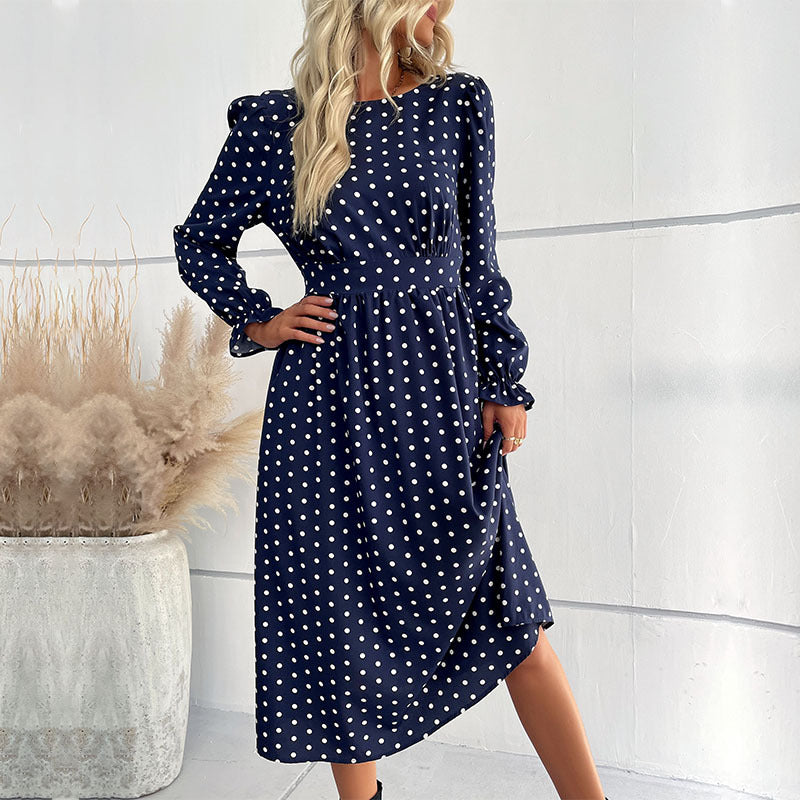 LOVECCR New  2025 Women's Clothing Hot Autumn and Winter New Long Sleeve Blue Polka Dot Medium and Long Dress