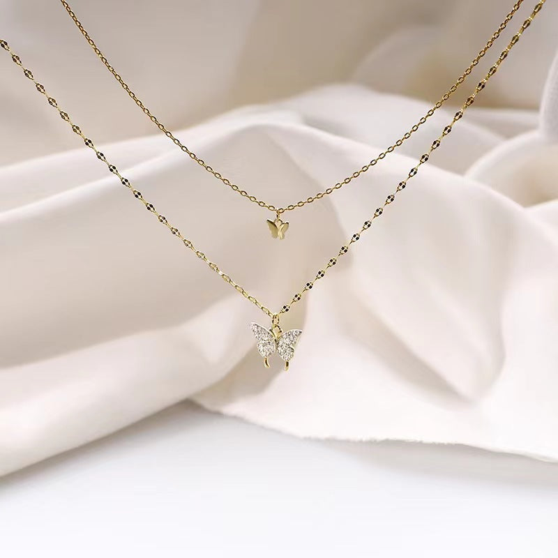 Double-Layer Butterfly Necklace for Women Affordable Luxury Style Niche High-Grade Diamond-Embedded Temperament Twin Clavicle Chain