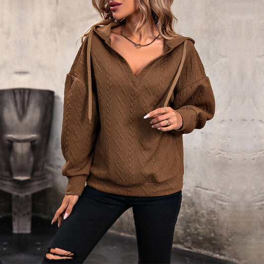 LOVECCR Europe and the United States  Hot autumn and winter hooded pullover sweater new drawstring knitted sweater loose solid color V-neck top