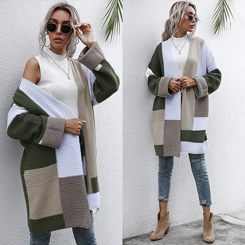 LOVECCR Hot new autumn and winter fashion color matching knitted sweater medium and long 2025 lazy style   trade cardigan jacket women