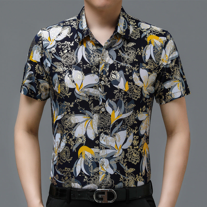 Middle-Aged Men's Summer Short Sleeve Printed Shirt Loose Non-Ironing Casual Half Sleeve Ice Silk Shirt Bronzing Thin Top Fashion