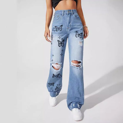 New European and American  Wish Embroidery Ripped Fashion Denim Skinny Pants Female 69310