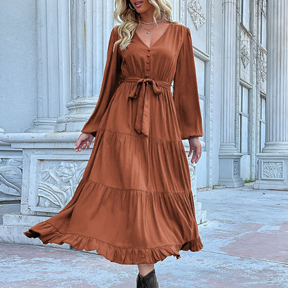 LOVECCR Hot autumn and winter new   2025 foreign trade women's long-sleeved pleated splicing dress