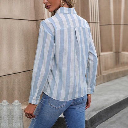 LOVECCR New Autumn Women's Clothing Hot New Hot Trade Cardigan 2025  Long Sleeve Commuter Striped Shirt