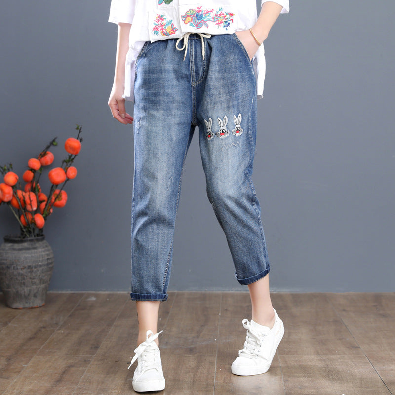 Women's Jeans Spring and Autumn Ripped Artistic Embroidered Women's Cropped Pants Elastic High Waist Oversized Jeans Women's Loose