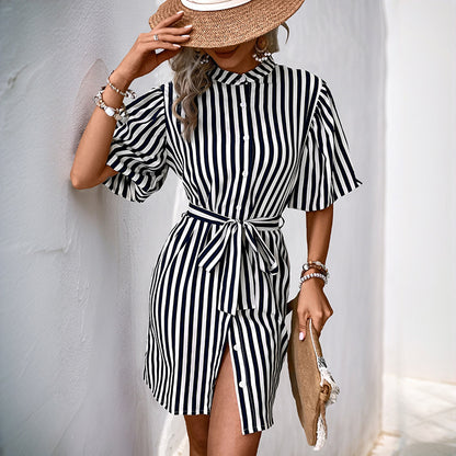 LOVECCR Hot spring and summer temu new striped dress 2025 foreign trade women's shirt skirt striped lace-up short skirt women