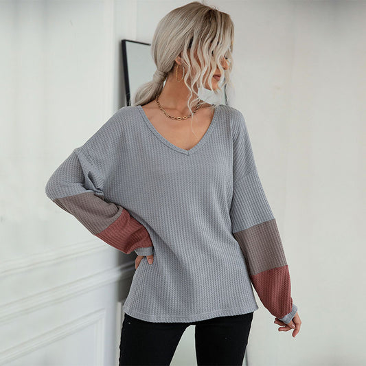 LOVECCR New  Hot Trade popular New 2025 Autumn Color Matching Long Sleeve Gray V-Neck Knitted Sweater