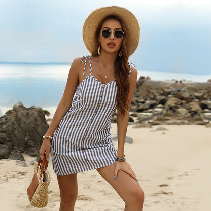 LOVECCR Button vertical stripe sexy V-neck  women's clothing summer new skirt suspender dress foreign trade shirt wholesale