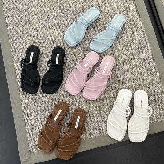 Fairy Style Summer Two-Way Thin Strap Low Heel Slippers Women's Outer Wear New One Strap Simple Matching Skirt Roman Sandals