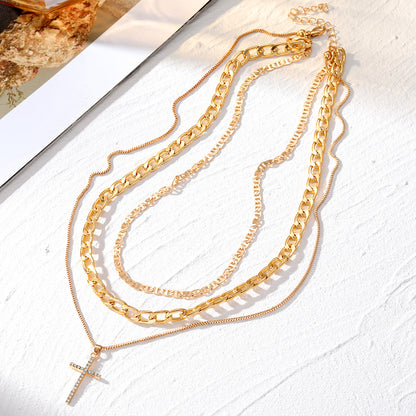 HOT and NEW Cross Border Ornament Mix and Match Cross Chain Necklace Personality Diamond Stud Cross Heart-Shaped Pendant Multi-Layer Necklace