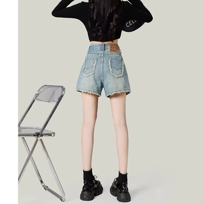 Summer Retro Denim Shorts Women's High Waist Loose and Slimming Hot Pants Small A- line Pants Burr Straight Pants