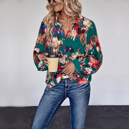 LOVECCR Hot Trade Hot Autumn New Shirt Casual Flower Shirt Lapel Long Sleeve Top Button Printed Shirt