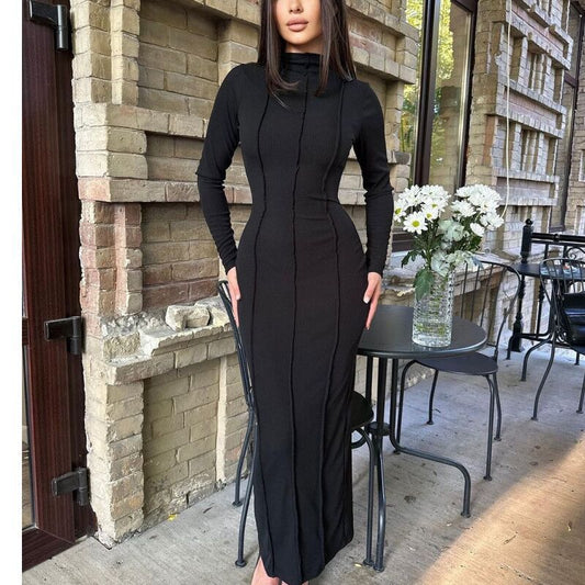 LOVECCR 2025 2023 autumn new  New Popular trade semi-turtleneck pit strip long-sleeved skirt thin waist dress women