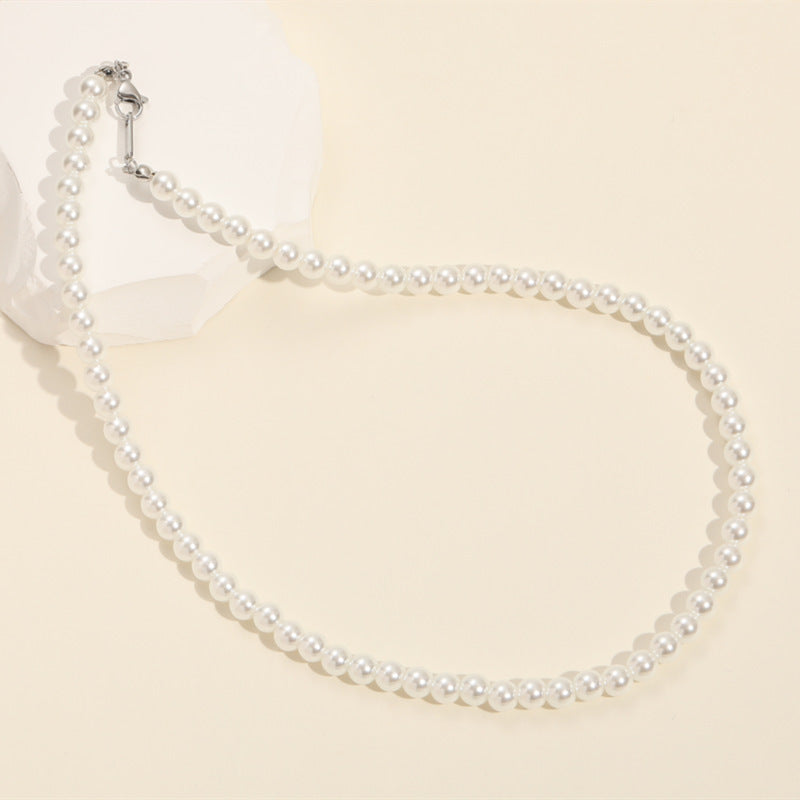 Hot Pearl Necklace Female Light Luxury Temperament Titanium Steel Material All-Matching Graceful Freshwater Short Pearl Necklace