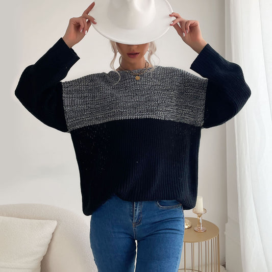 LOVECCR New Cross-border Hot Trade 2025 Fashion Women's Clothing Contrast Color Sweater Loose Autumn and Winter Splicing Knitted Sweater Women