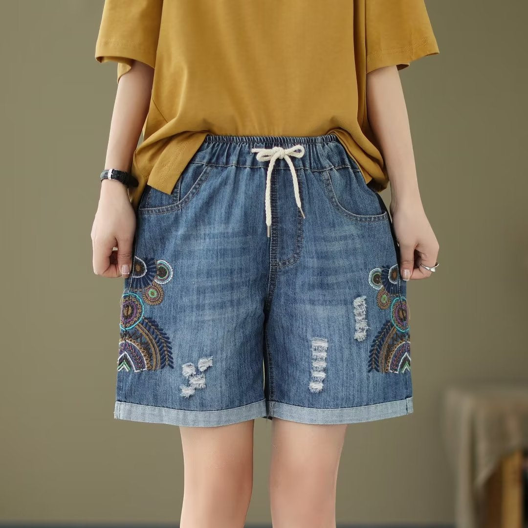 Japanese Style Denim Shorts Women's Summer Thin Loose Slimming Retro Casual Embroidered Shorts Wide Leg Pants