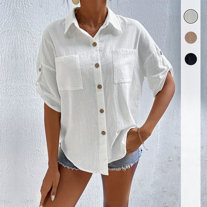 LOVECCR New popular new summer 2025 Popular trade button-up cardigan top short-sleeved pocket lapel shirt