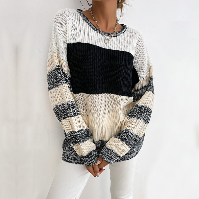 LOVECCR popular  New  Women's Clothing popular Autumn New Contrasting Color Pullover Knitted Loose Crew Neck Sweater