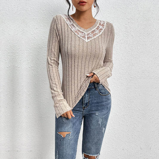 LOVECCR Europe and the United States  Hot autumn new product pullover slim T-shirt lace splicing V-neck texture pit strip knitted top