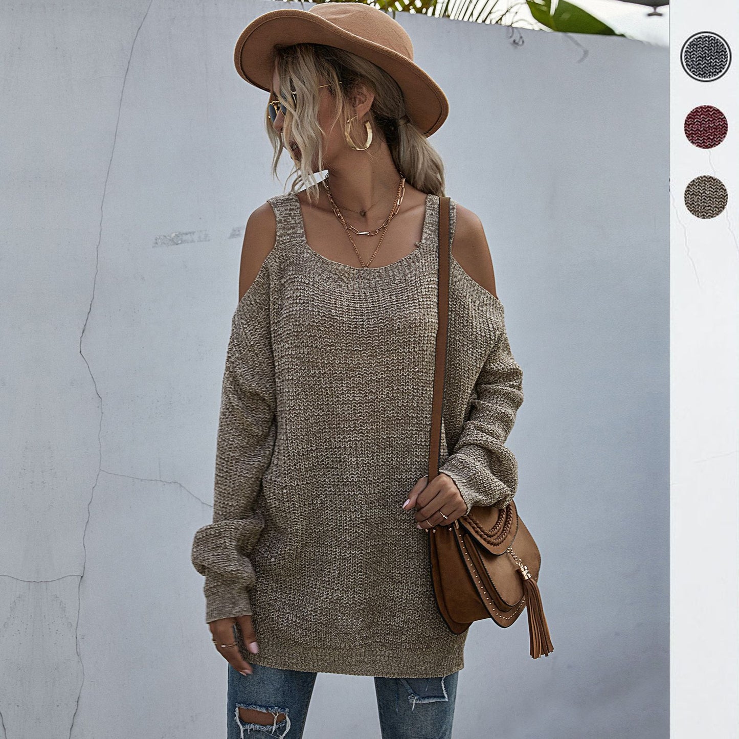 LOVECCR popular early autumn 2025 New popular women's clothing bat sleeves loose off-the-shoulder square neck knitted sweater medium and long pullover sweater