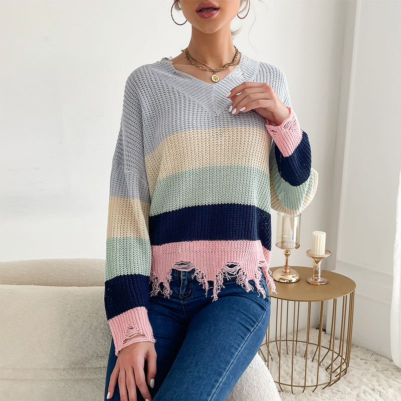 LOVECCR New women's clothing popular spring and autumn new product long-sleeved contrasting striped v-neck knitted ripped sweater women