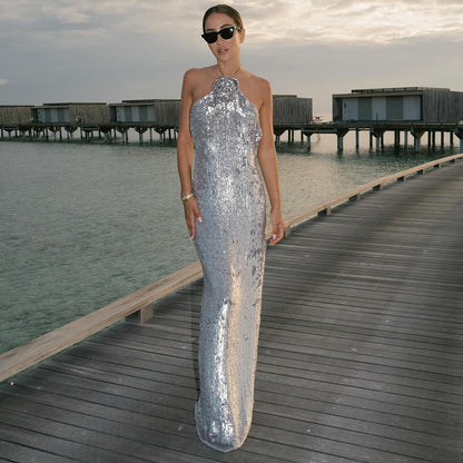 LOVECCR New 2025 silver sequins high-end light luxury evening dress bridal toast dress sexy backless dress women's clothing