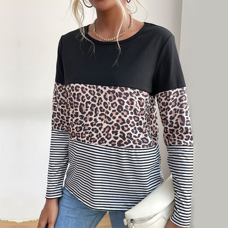 LOVECCR Popular trade popular autumn 2025 contrasting color pullover top round neck street leopard print splicing bottoming T-shirt women