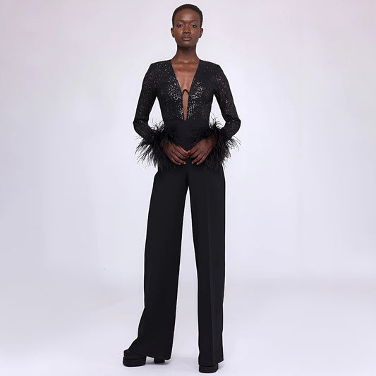 LOVECCR 2025 women's clothing early autumn new popular black long-sleeved beaded feather jumpsuit women's New thin jumpsuit