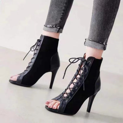 loveccr  HOTan and NEWn Lace-up Sandal Boots Women's  Summer Hollow-out Ankle Boots Stiletto Heel Dancing Shoes plus Size Open Toe Sandals