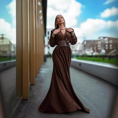 LOVECCR 2025 spring and summer new chocolate color design waist seal pleated dress popular coffee women's long-sleeved long dress