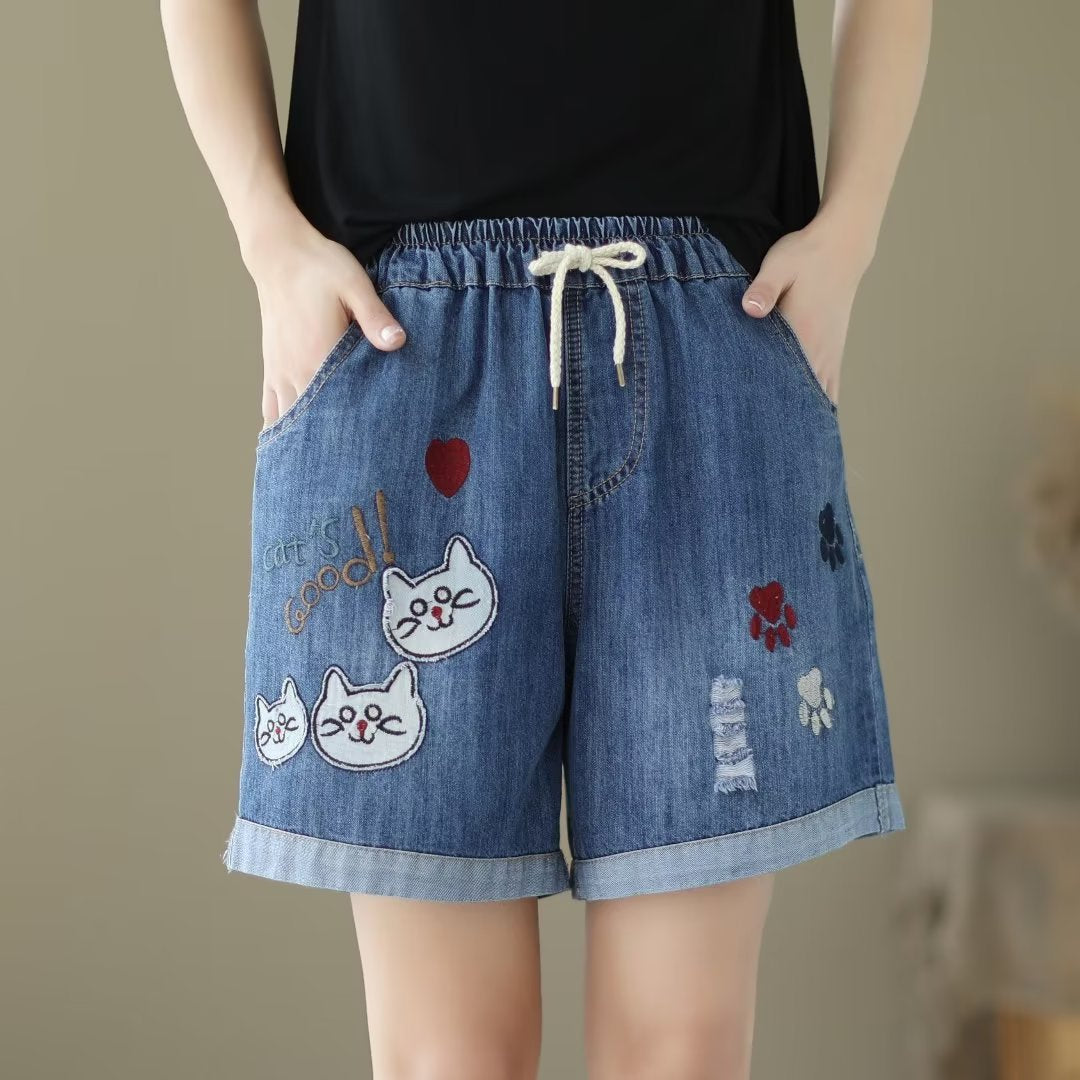 Japanese Style Denim Shorts Women's Summer Thin Loose Slimming Retro Casual Embroidered Shorts Wide Leg Pants