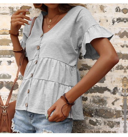 LOVECCR New Cross-border popular New Summer Loose V-Neck Top Ruffle Edge Pullover Short Sleeve T-Shirt Women's Summer