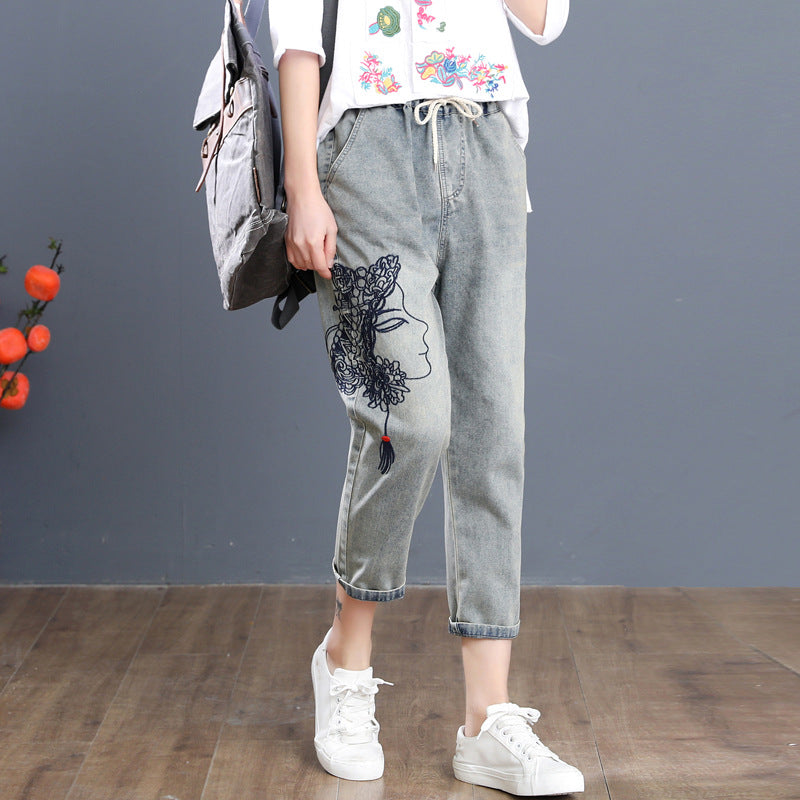 Women's Jeans Spring and Autumn Ripped Artistic Embroidered Women's Cropped Pants Elastic High Waist Oversized Jeans Women's Loose