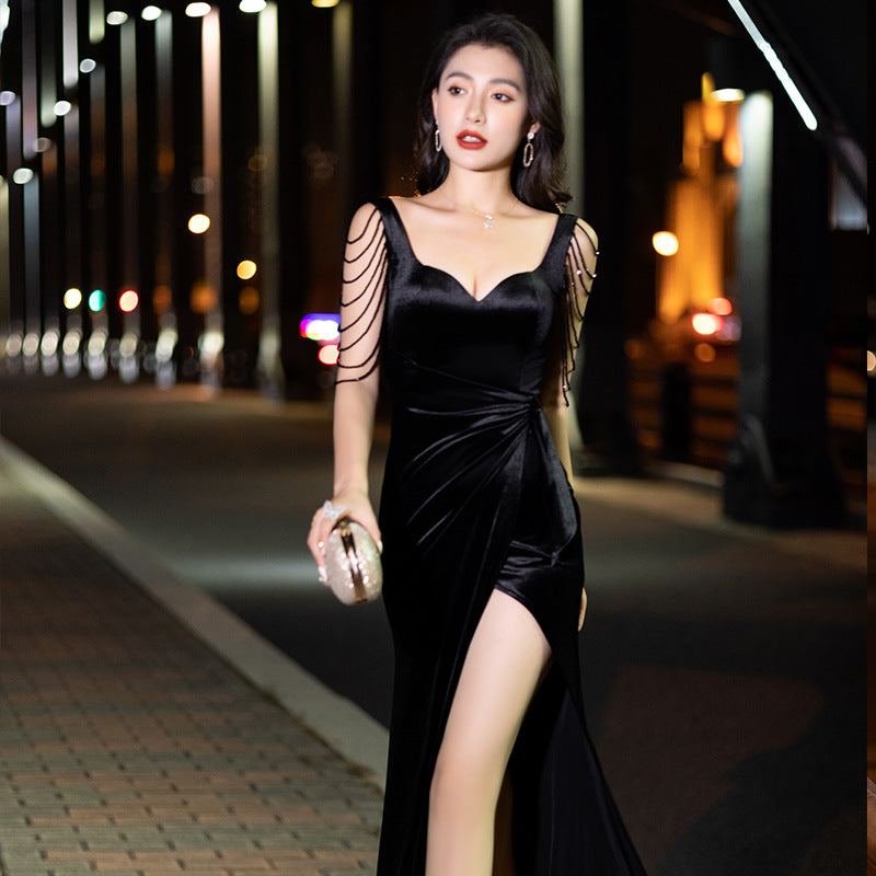 LOVECCR  New Style Banquet Evening Dress Fairy Dreamy Black Sling Noble Temperament Host Long Dress