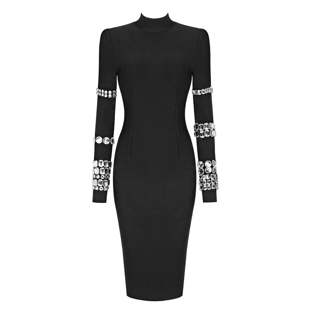 LOVECCR 2025 black heavy industry diamond-encrusted long-sleeved turtleneck bandage dress high-end sense slim-fitting knitted women's clothing autumn and winter models