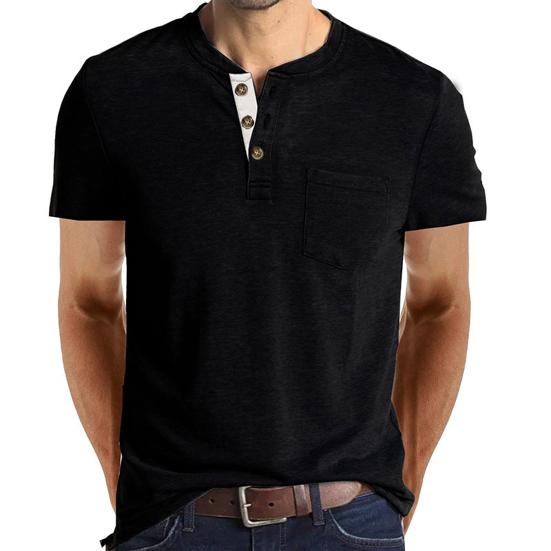 Summer  European and American Men's Short-Sleeved T-shirt Foreign Trade Men's Henry T-shirt Cross-Border Clothing round Neck Top