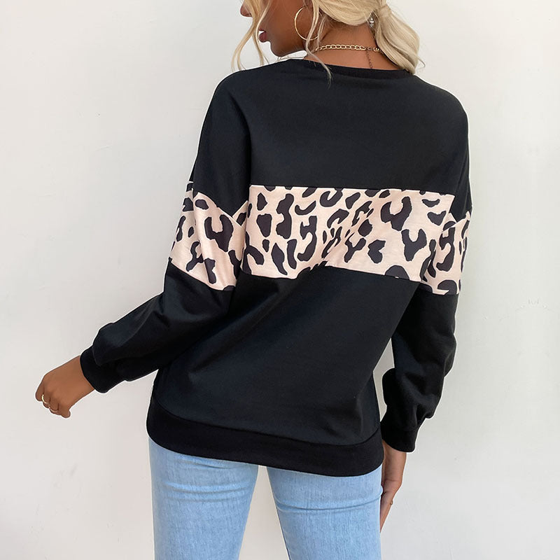 LOVECCR  Popular trade autumn new popular 2025 women's clothing round neck sleeve splicing leopard print sweater