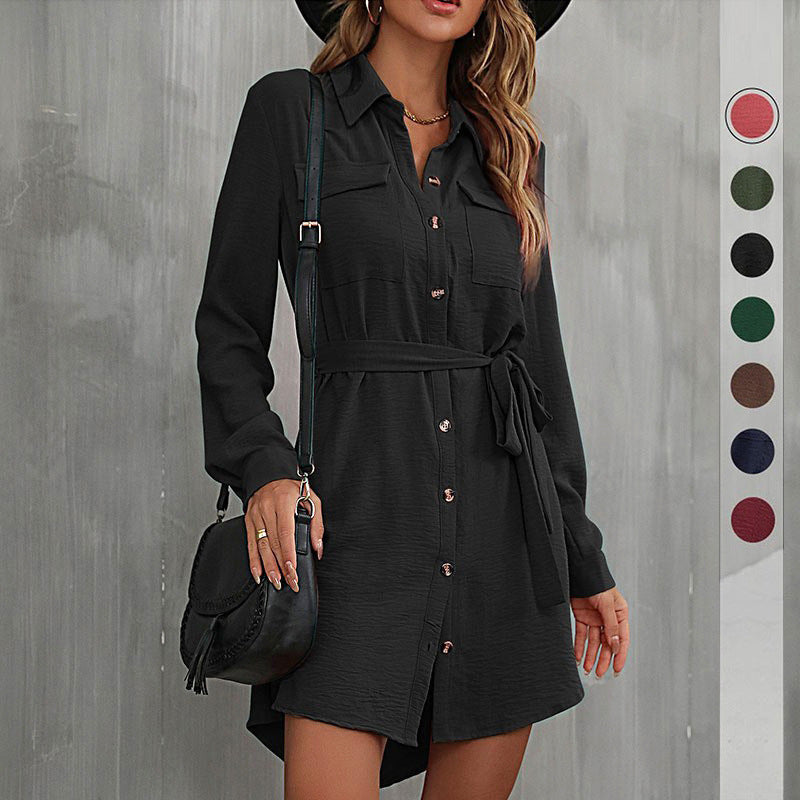 LOVECCR   Hot autumn 2025 cardigan shirt lapel women's commuter lace-up shirt dress