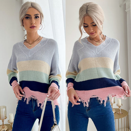 LOVECCR New women's clothing popular spring and autumn new product long-sleeved contrasting striped v-neck knitted ripped sweater women