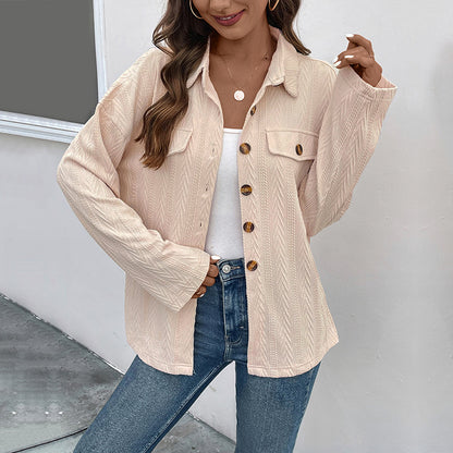 LOVECCR 2025  Hot early autumn thin solid color shirt knitted texture shirt jacket button-down lapel women's shirt