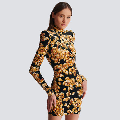 LOVECCR popular  Gold Velvet Printed 2025 Long Sleeve Slim Dress Autumn and Winter New Retro Bottom Women's Clothing