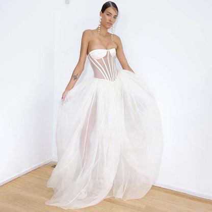 LOVECCR 2025 Express new white tube top dress elegant mesh see-through wedding dress long fishbone tutu