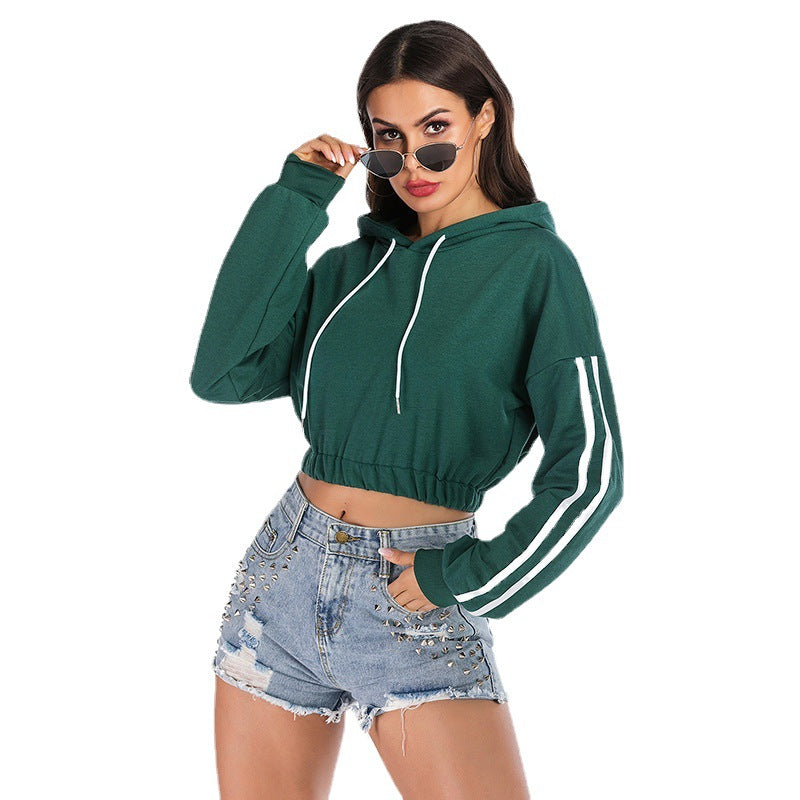 LOVECCR New popular autumn 2025 women's clothing sports striped green short long-sleeved hooded navel sweater women