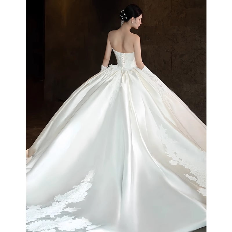 LOVECCR  Satin Light Wedding Dress Bride  New Summer Tube Top Main Yarn Floor-Length Advanced Texture Retro Dress for Women